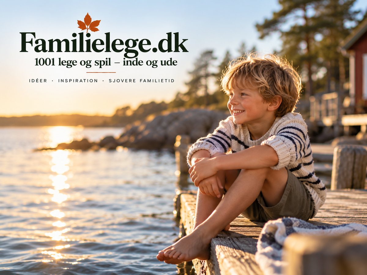 Familielege.dk – 1001 lege og spil inde og ude: dreng sidder på en badebro ved vandet i solnedgang