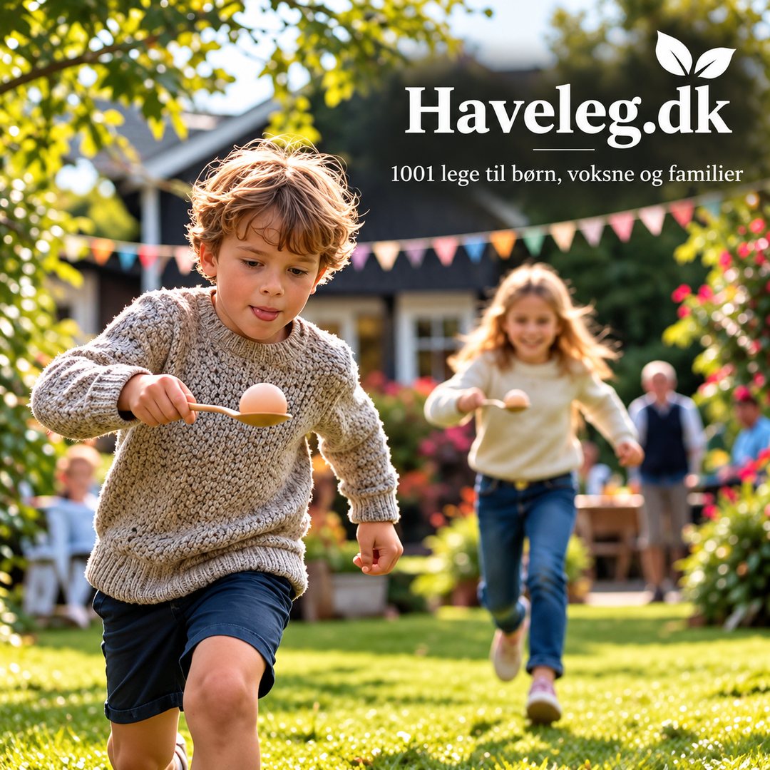 Æggeløb, en klassisk haveleg: dreng løber med et æg på en træske over græsplænen til havefesten, mens en pige og bedsteforældrene følger med