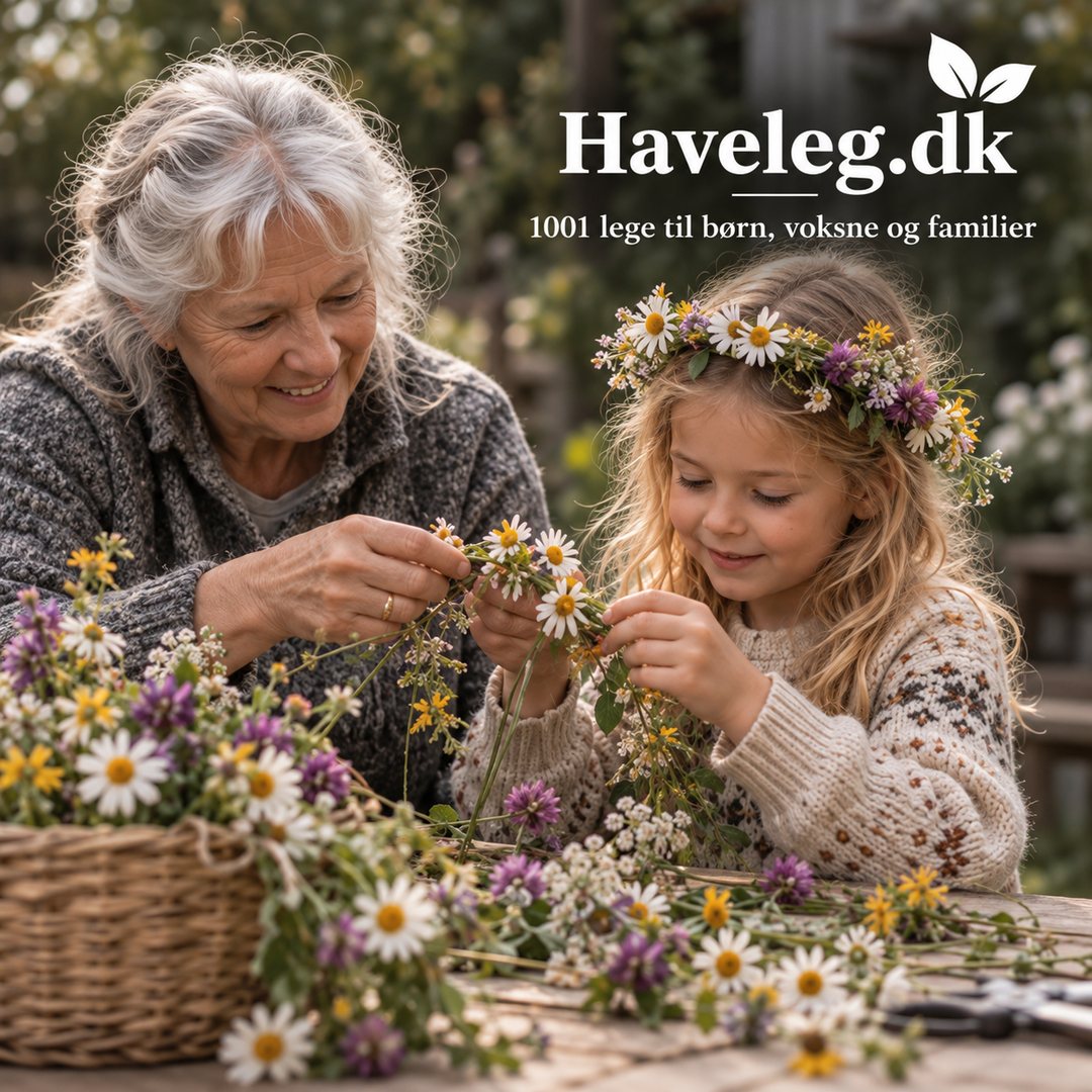 Kreative havelege: bedstemor og barnebarn binder en krans af markblomster ved havebordet, og pigen har allerede én på hovedet
