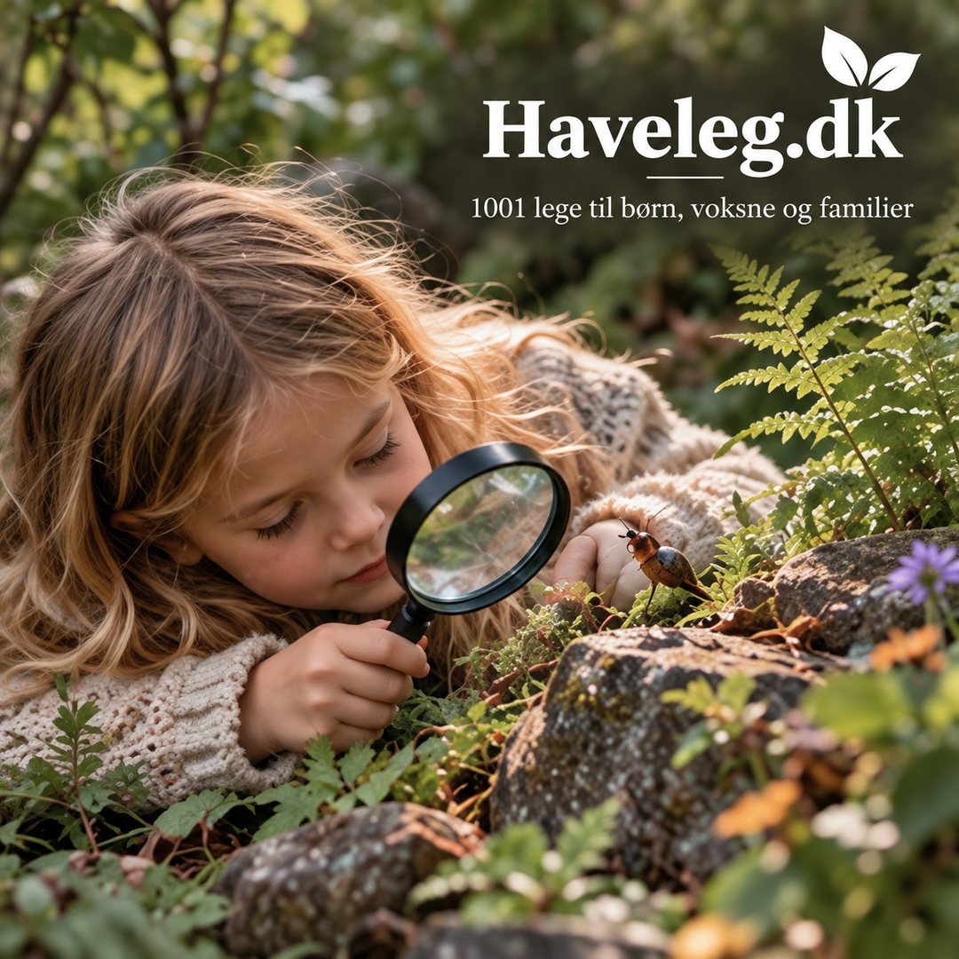 Insektsafari med lup, en naturleg i haven: pige ligger mellem bregner og sten og kigger på en bille gennem en lup