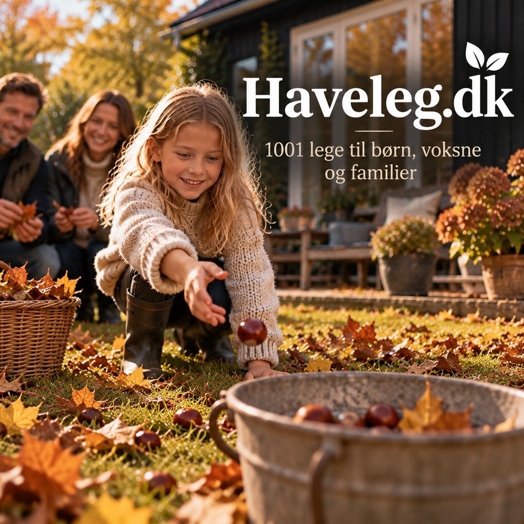 Kastanjekast, en efterårsleg i haven: pige kaster kastanjer i en zinkbalje, mens forældrene samler blade
