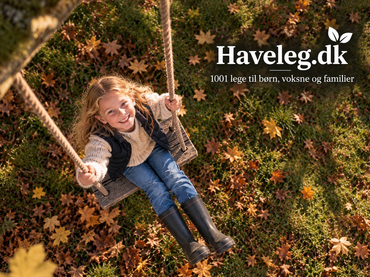 Haveleg på gyngen i efterårshaven: pige gynger over et tæppe af gule og røde blade, set oppefra