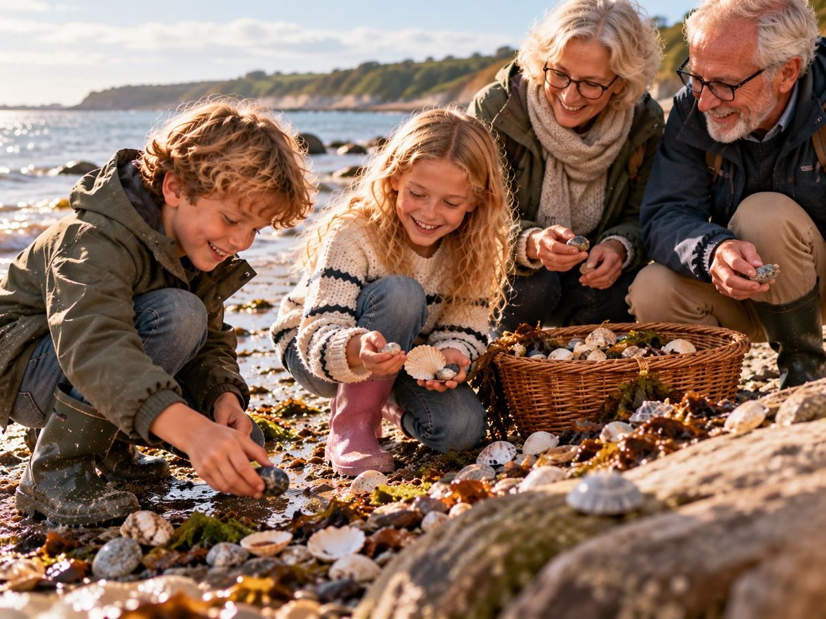 Skaller og sten ved sommerhuset, en leg for børn og bedsteforældre: de samler skaller og sten på stranden