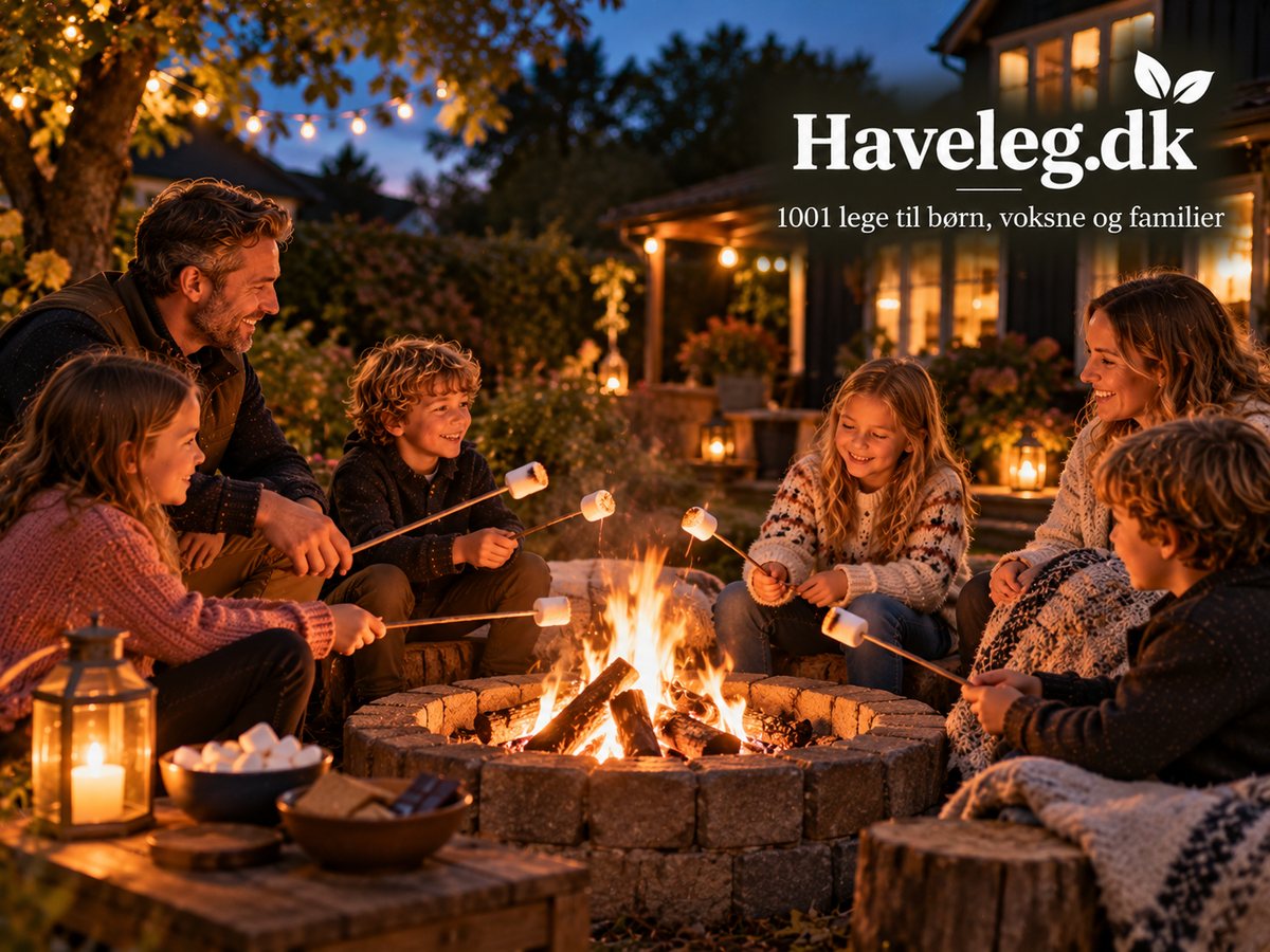 Skumfiduser over bålfadet, hygge og havelege en efterårsaften: familien sidder om bålet og rister skumfiduser på lange pinde
